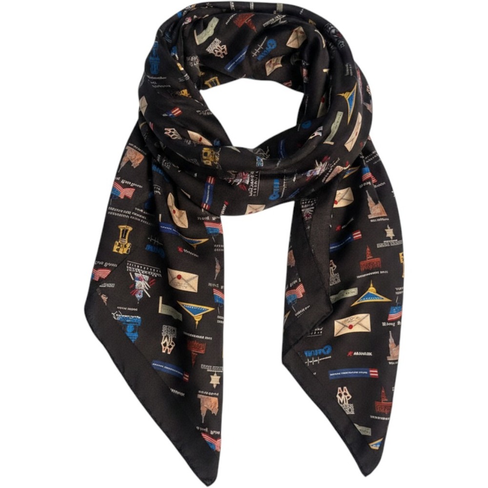 Vtg Nicole Miller Philadelphia Silk Scarf Black Novelty Print Americana Philly
